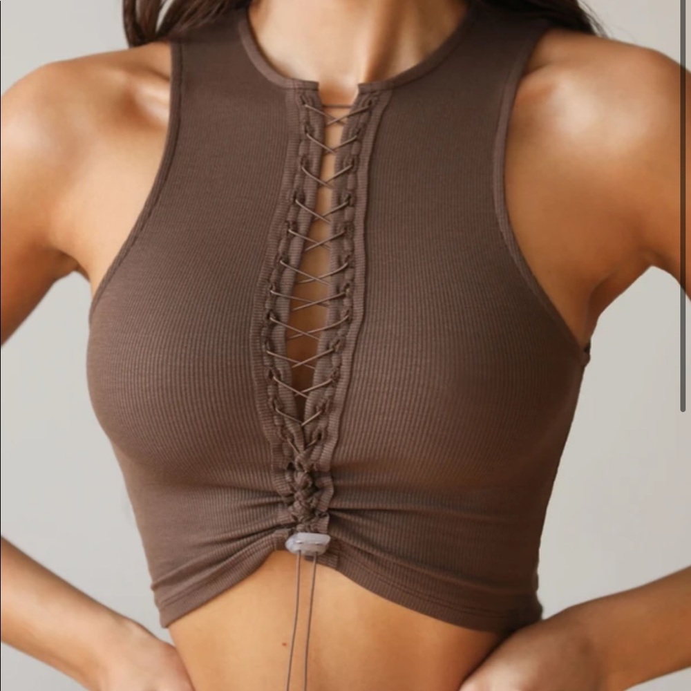 JOAH BROWN LACE UP CROP TANK IN BROWN